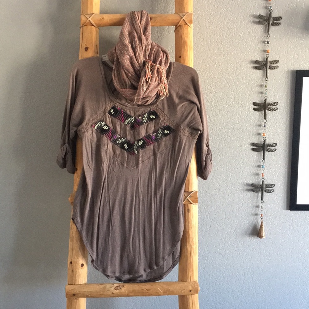 Free People Lace Embroidered Rolled Sleeve